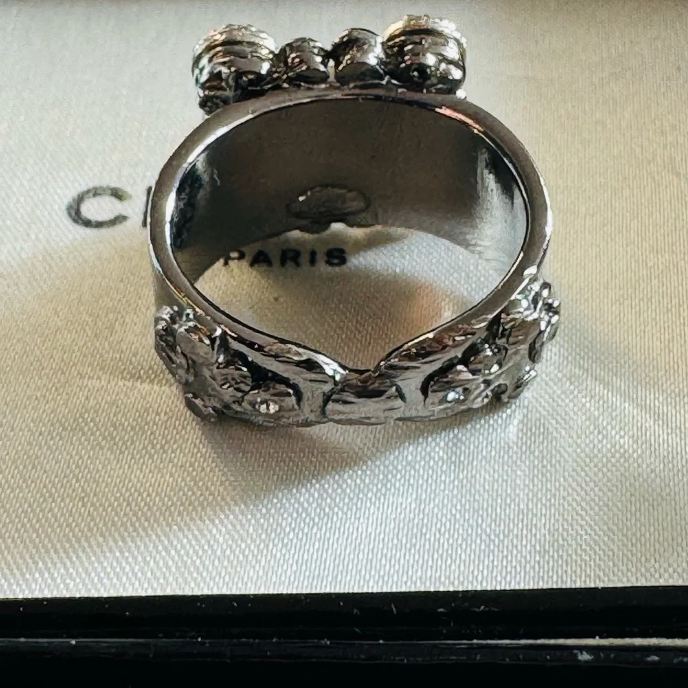 CHANEL Silver and Black Crystal Ring